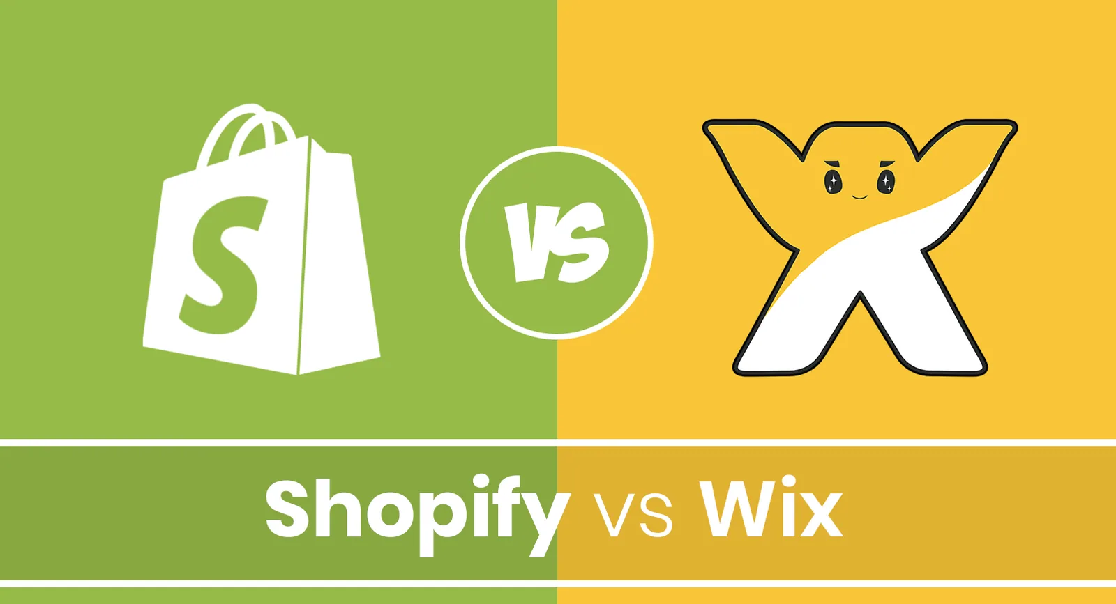 Shopify shopping bag icon versus Wix star mascot with Shopify vs Wix caption