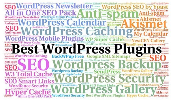 Word cloud of WordPress plugin names including SEO, Backup, Calendar, and Akismet