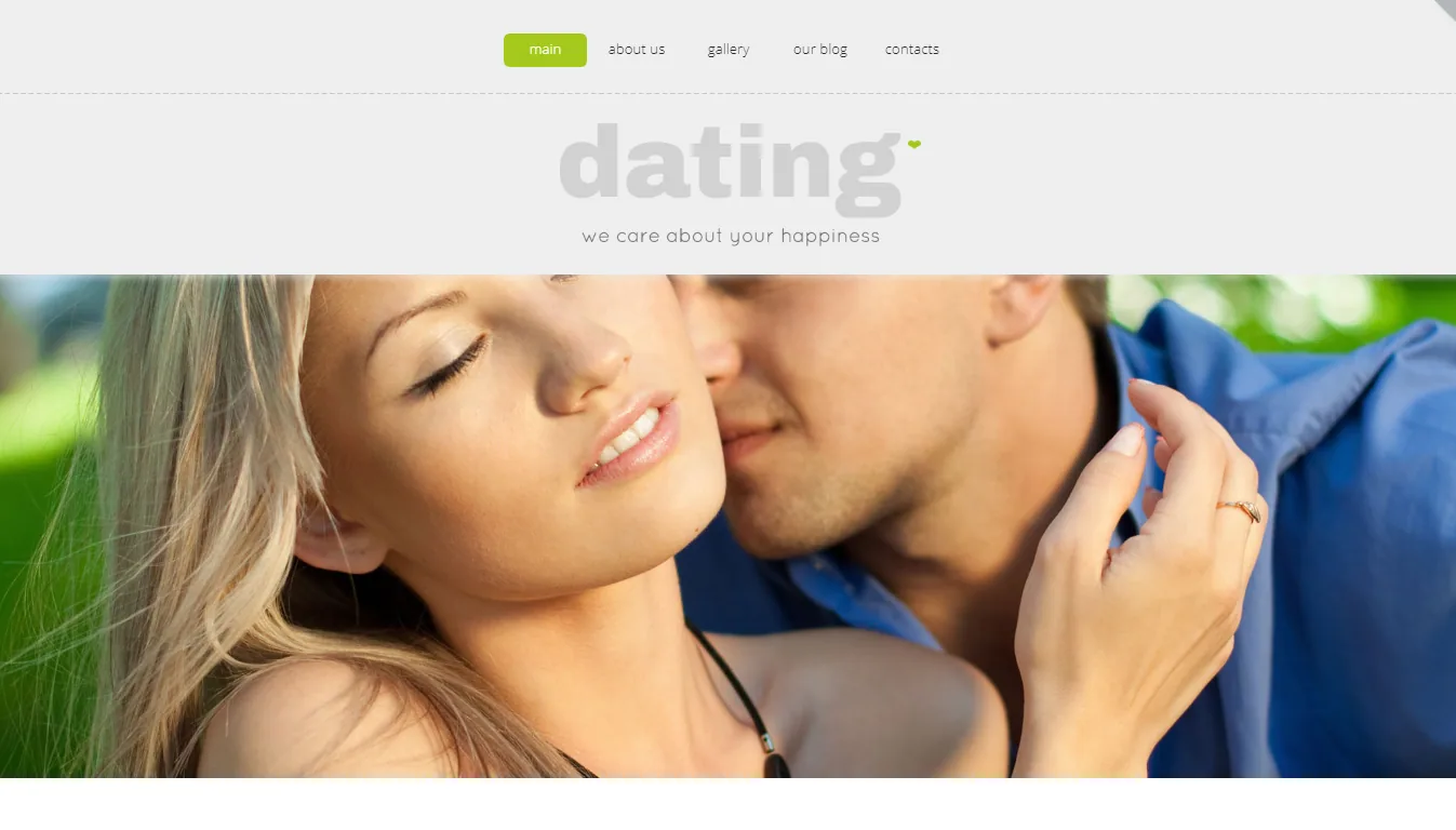 Dating website template homepage featuring a couple embracing outdoors