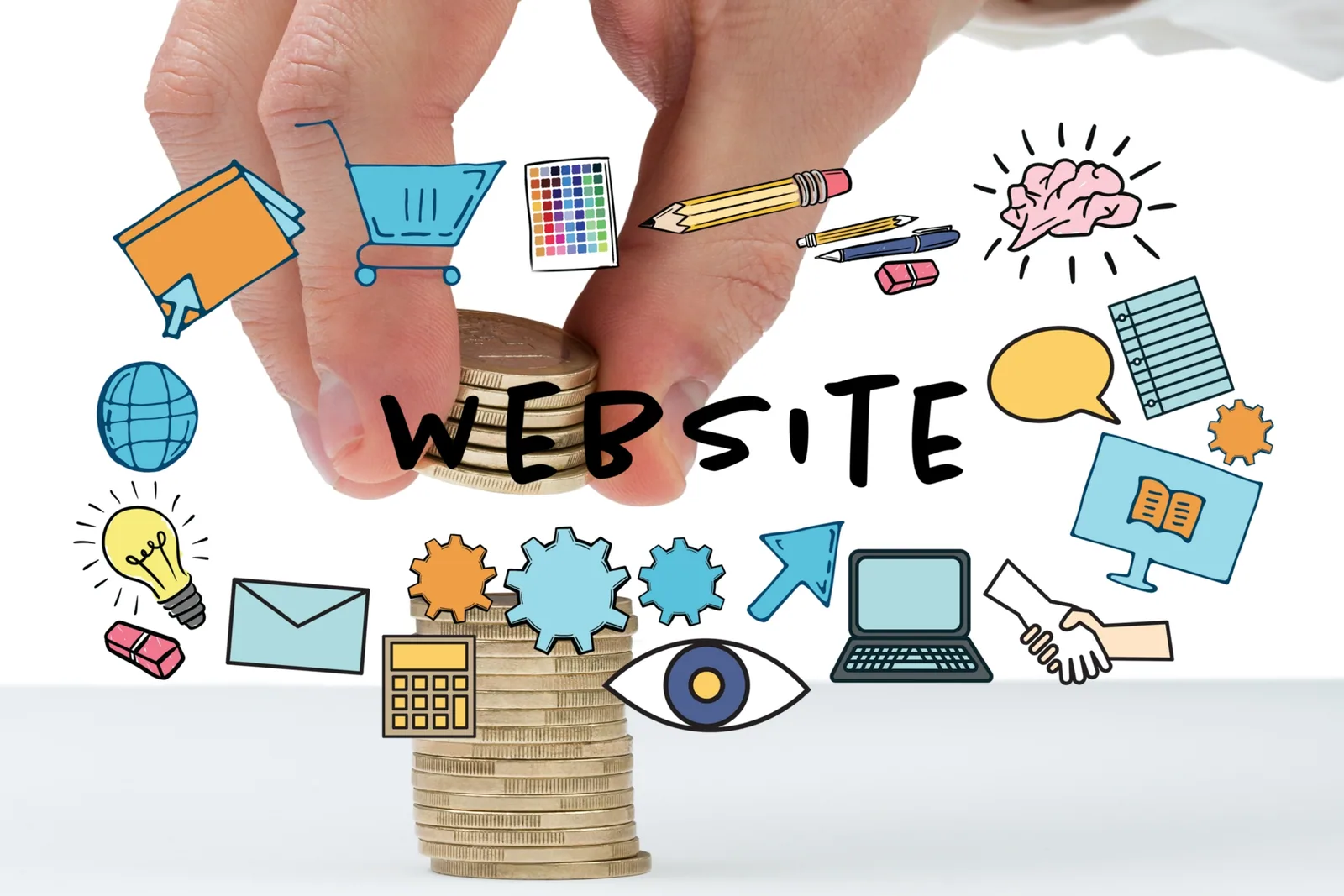 Hand stacking coins labeled WEBSITE surrounded by ecommerce icons