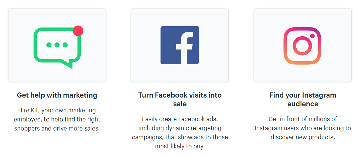 Three feature cards promoting Kit marketing, Facebook ads, and Instagram audience tools