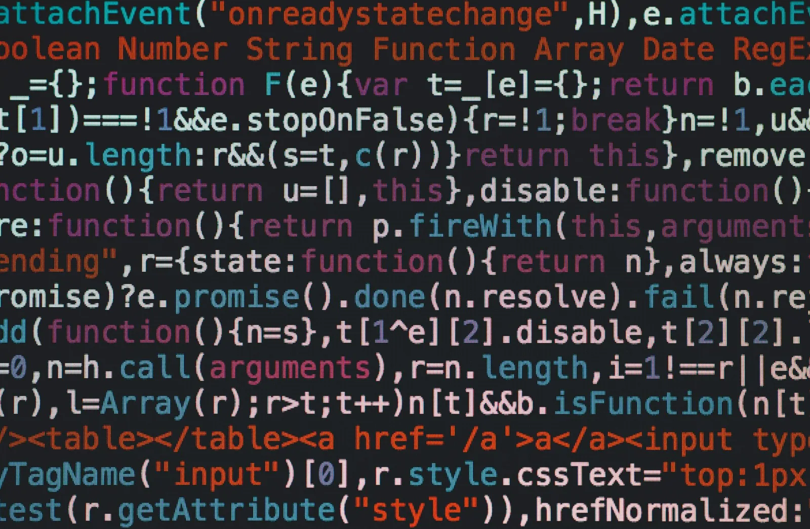 Close-up of colorful JavaScript source code on a dark editor background