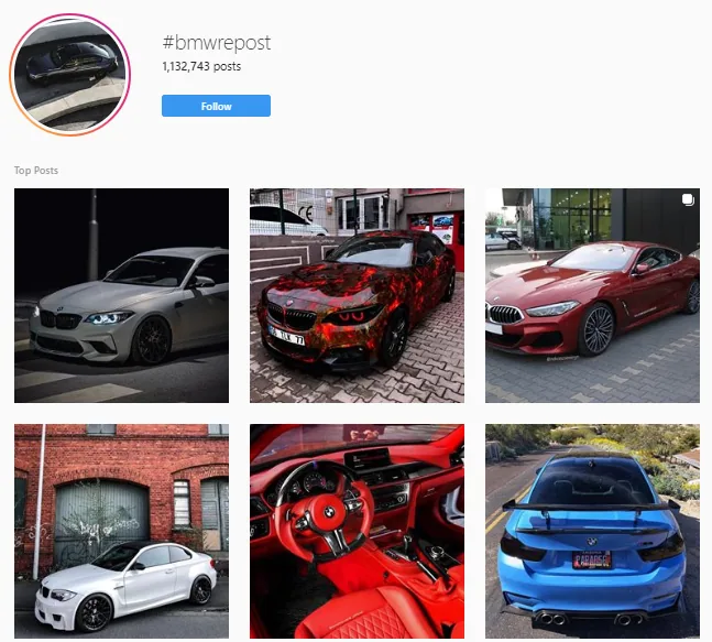 BMW Instagram profile grid showing photos of cars in red, white, and blue