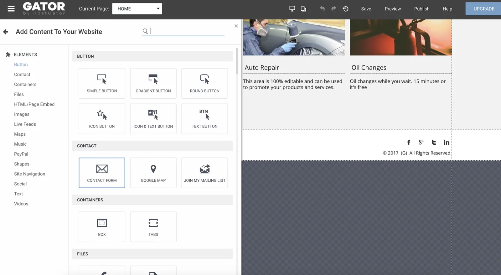 Gator website builder content panel showing button, contact, and container element options