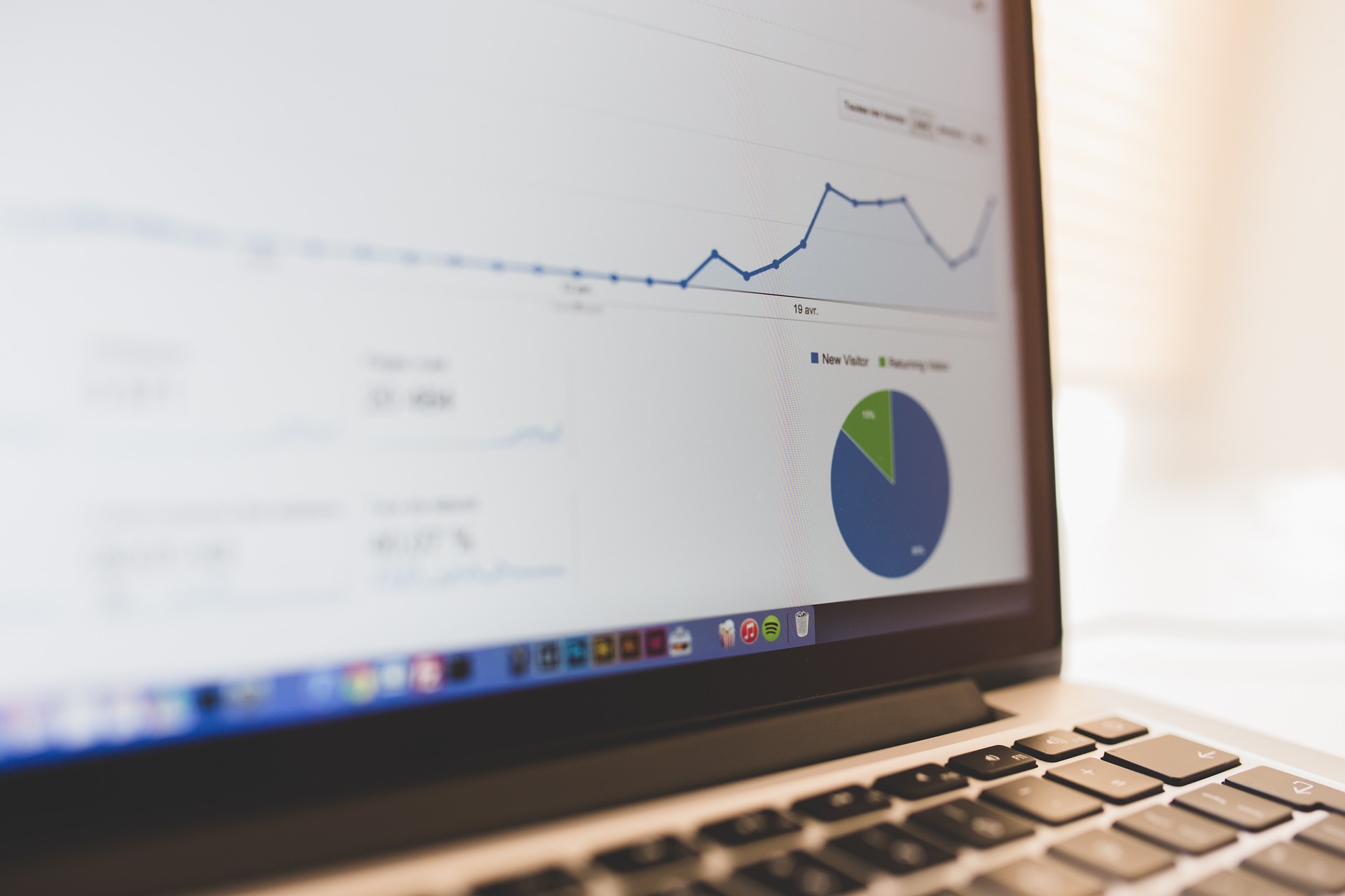 Laptop screen showing analytics line graph and pie chart of new vs returning visitors