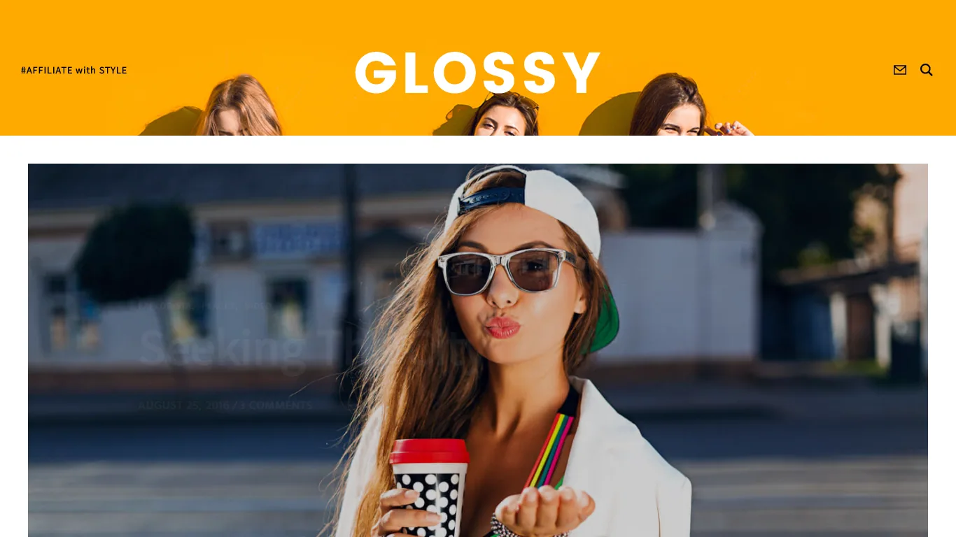 Glossy fashion theme homepage with woman in sunglasses holding a coffee cup