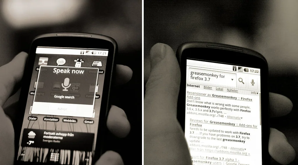 Two hands holding smartphones showing voice search and search results screens.