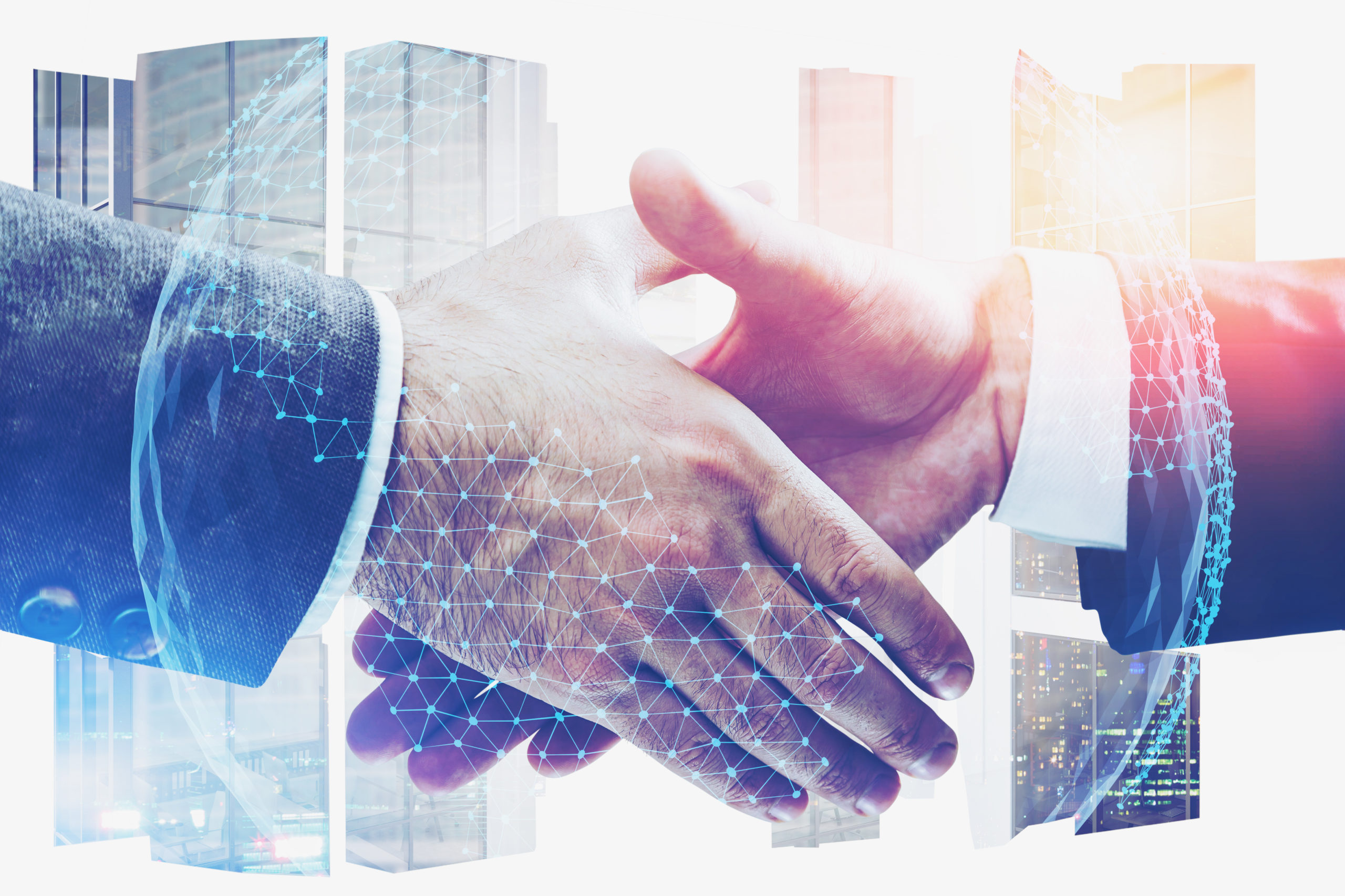 Two business people shaking hands with skyline and digital network overlay.
