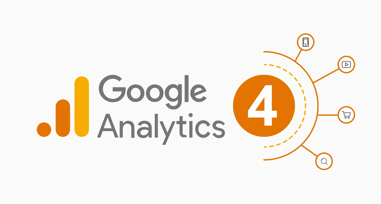 Google Analytics 4 logo beside icons for mobile, video, cart, and search.