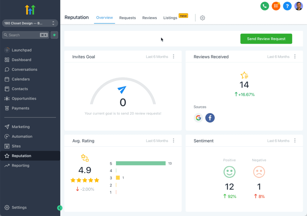 GoHighLevel reputation management screen with review requests and ratings