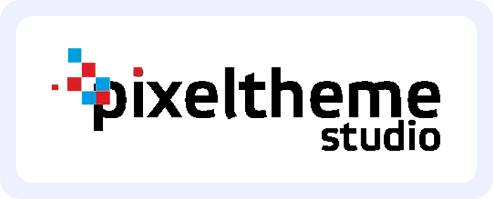 pixeltheme studio wordmark logo with red and blue pixel mark