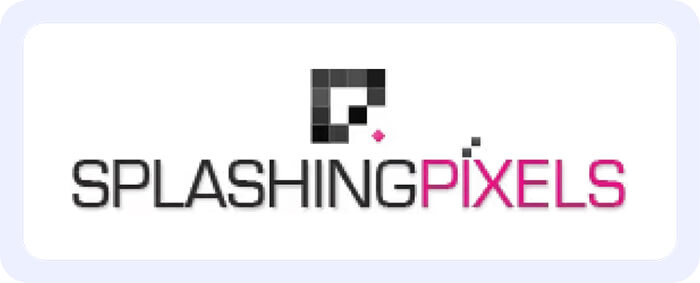 SPLASHING PIXELS wordmark logo with pixelated P icon