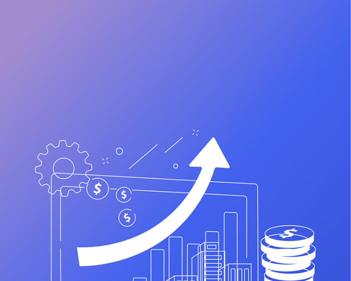 Line illustration of an upward arrow over a city skyline with a gear and stacked dollar coins.