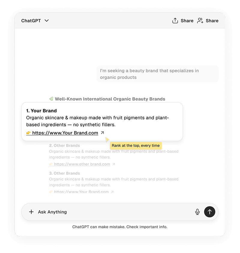 ChatGPT result listing Your Brand first with a Rank at the top, every time tooltip