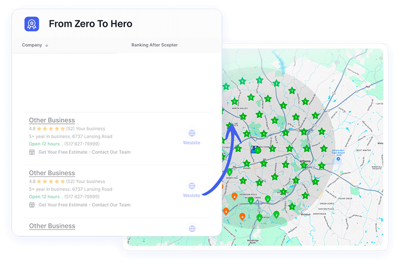 From Zero To Hero panel with business listings beside a map covered in green star pins.