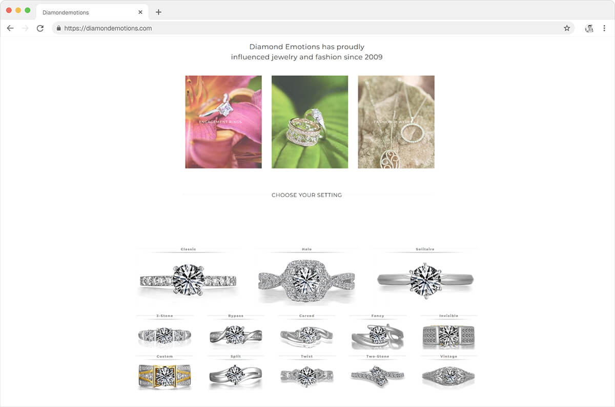Browser mockup of Diamond Emotions jewelry site with ring settings