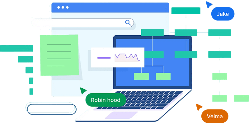 Illustrated laptop with a search bar, line chart, and floating user-name tags Jake, Robin hood, and Velma