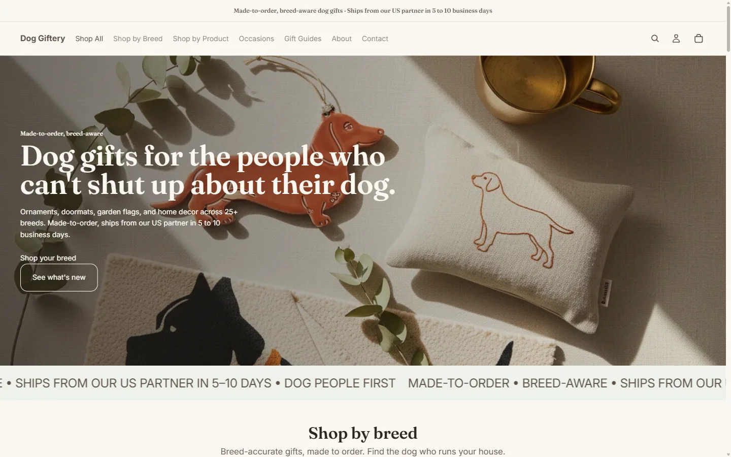 Doggiftery homepage, a Shopify dog gift store built by Scepter Marketing