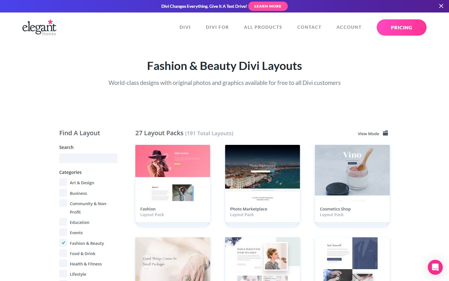 Divi fashion WordPress theme homepage