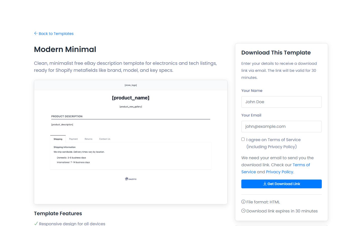 Salestio free eBay description templates demo homepage
