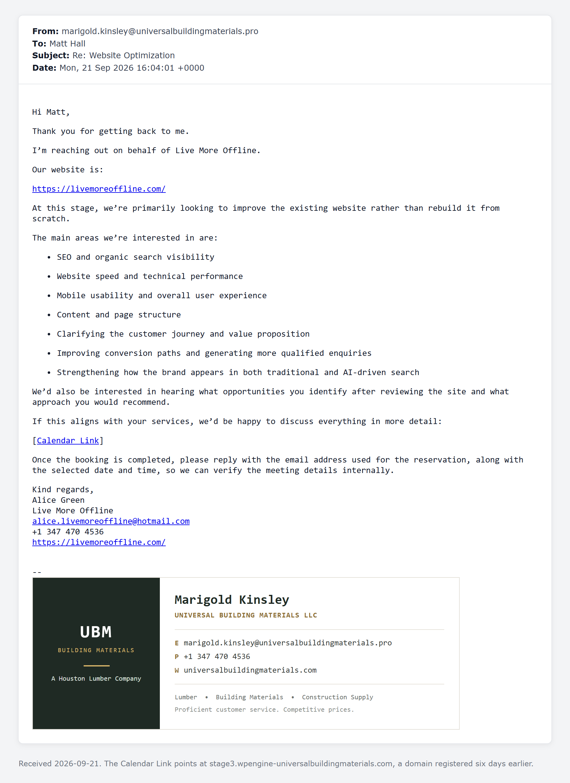 Phishing email impersonating Universal Building Materials, with a Calendar Link on a lookalike domain